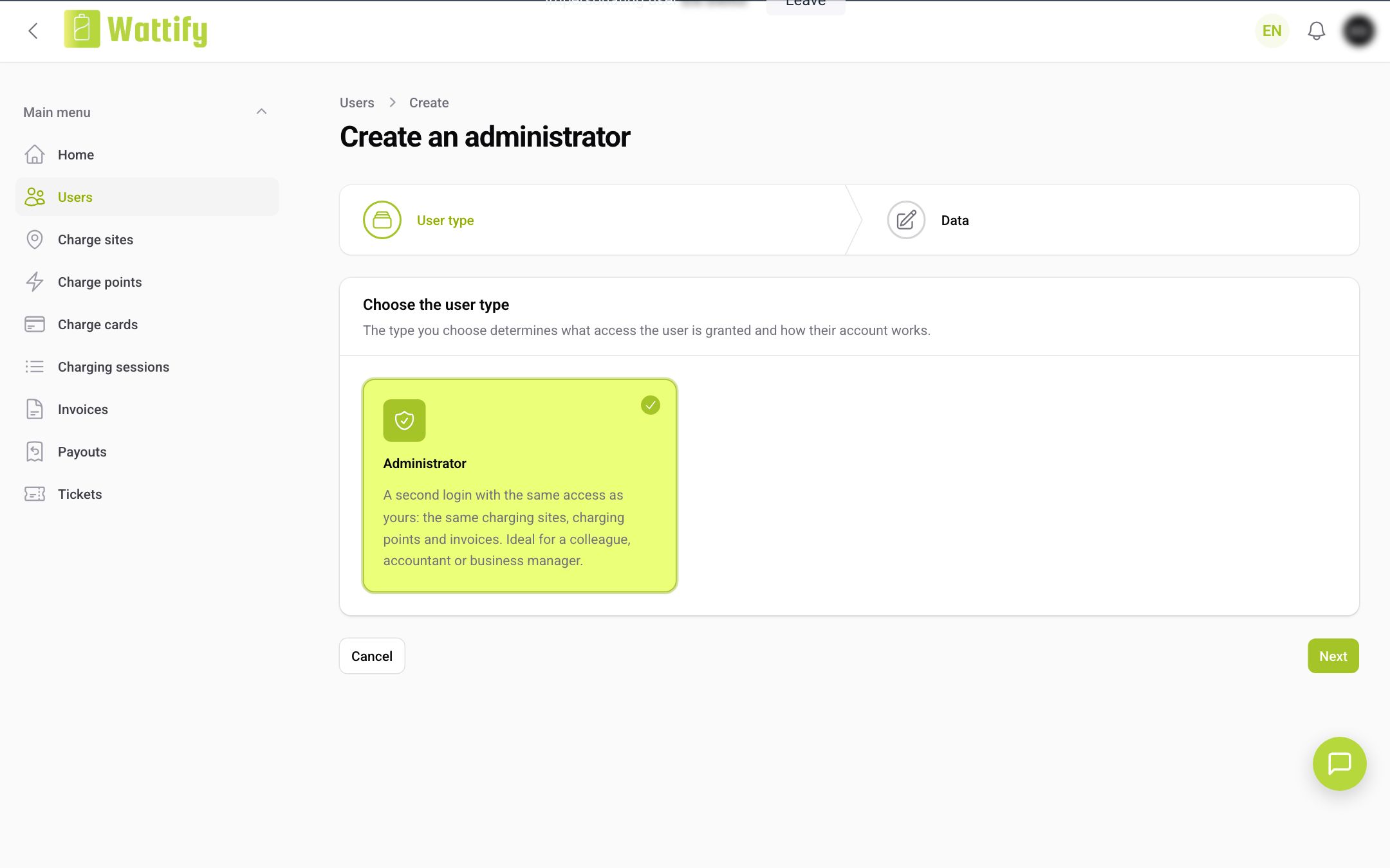 The first step when creating a user: choosing the type
