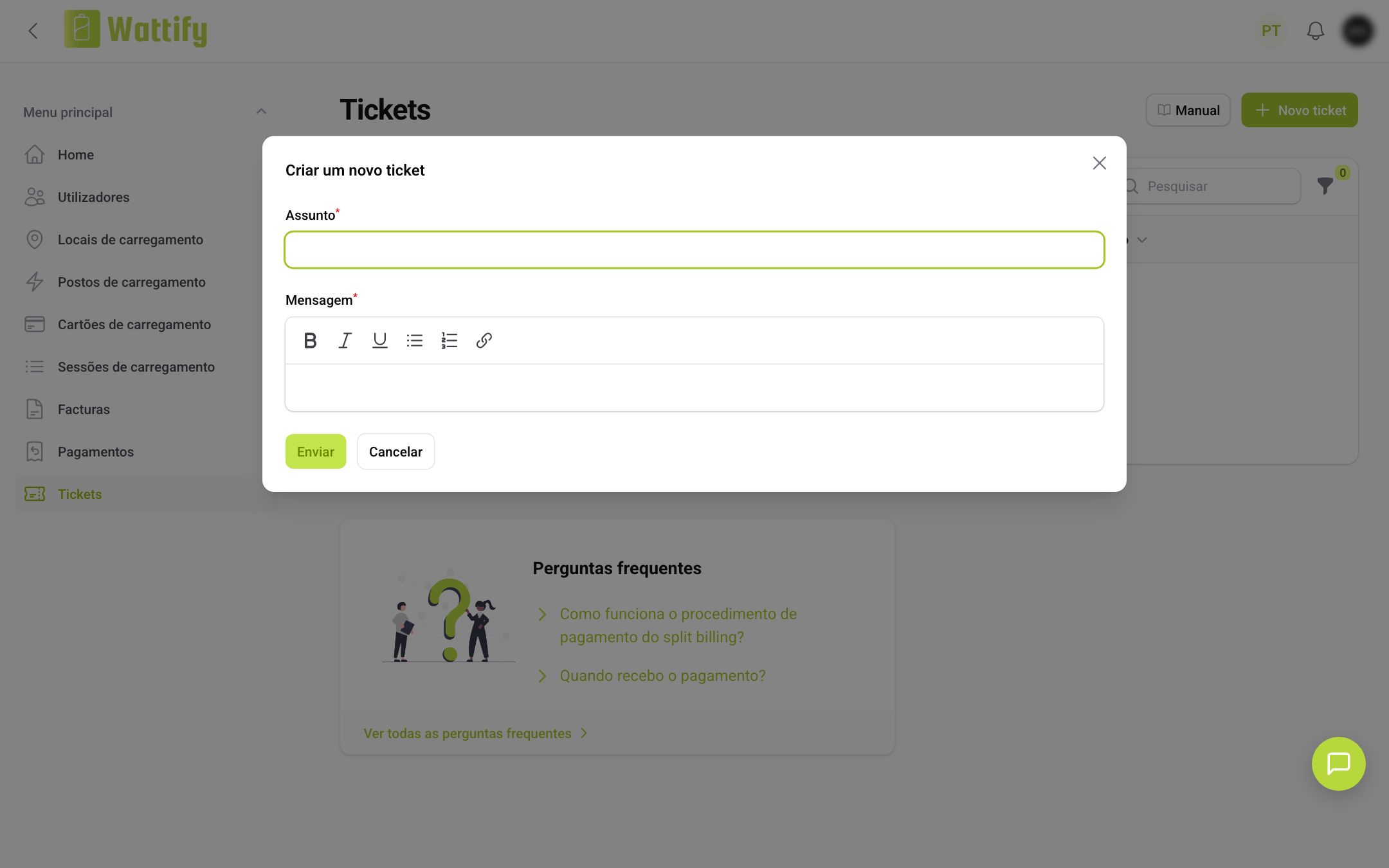 A janela Criar um novo ticket